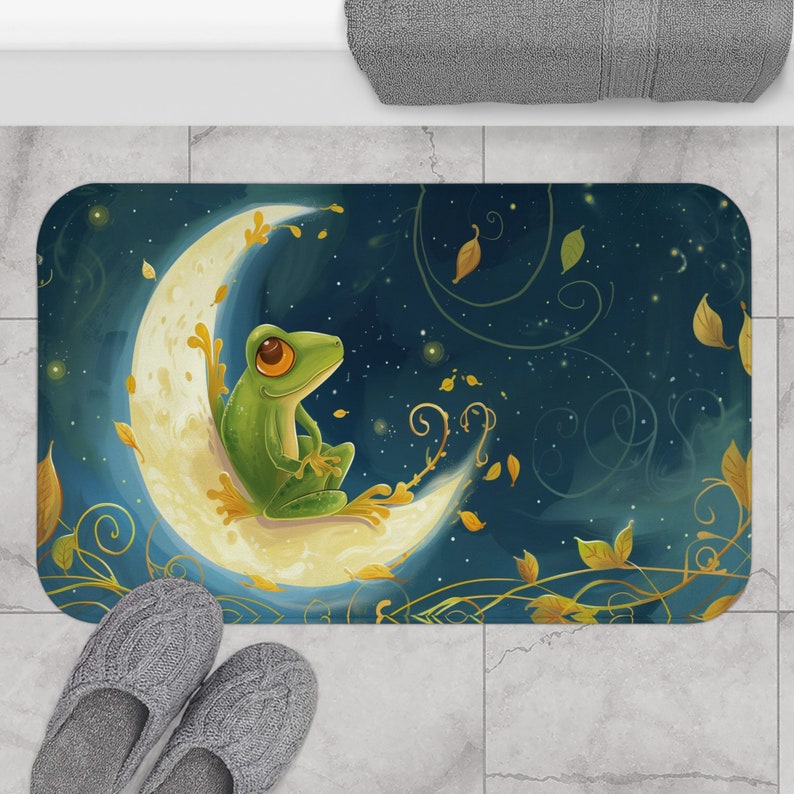 Cute Frog and Crescent Moon Bath Mat, Frog Bath Rug, Kawaii Bathroom ...