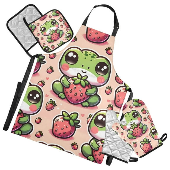 Cute Frog and Strawberry 5 Pcs Kitchen Set Heat Resistant Oven Mitts and Non-Slip Pot Holders with Adjustable Cooking Apron