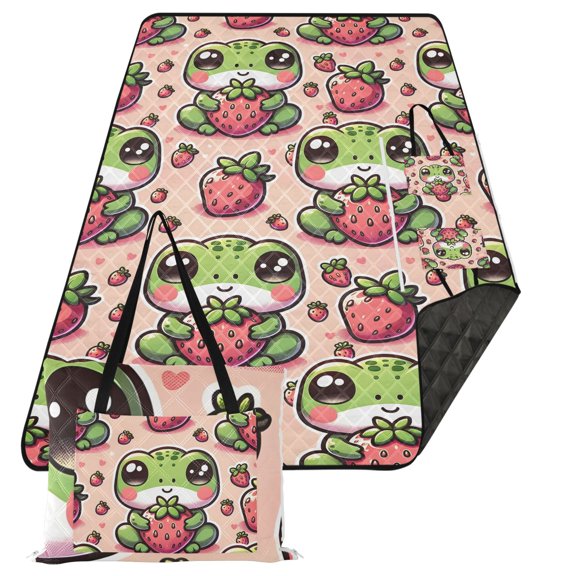 Cute Frog and Strawberry Extra Large Picnic Beach Blanket Waterproof Sand Proof Portable Outdoor Mat 80x118