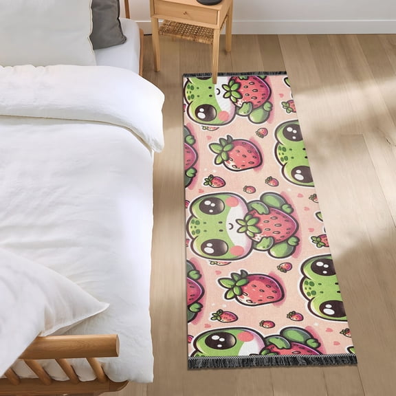 Cute Frog and Strawberry Runner Area Rug 2x6 Soft Non-Slip Washable Bedside Carpet for Hallway Bedroom Living Room Home Decor