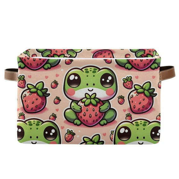 Cute Frog and Strawberry Storage Bins with Handle Fabric Organizer Basket Foldable Box 1 Pack 14.2x10.2x8.3