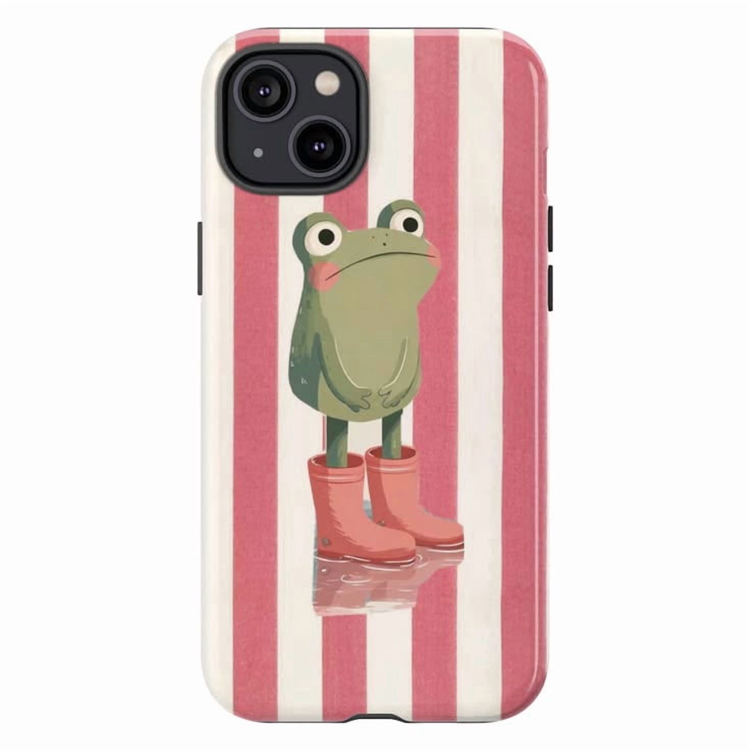 Cute Frog in Rain Boots Phone Case, Pink Striped Cottagecore Aesthetic ...