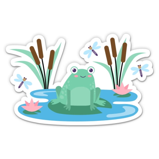 Cute Frog in a Pond - 8" Vinyl Sticker - For Car Laptop I-Pad - Waterproof Decal