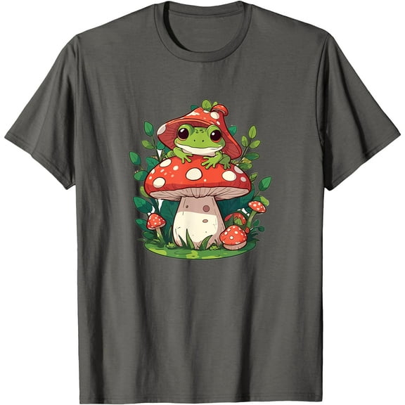Cute Frog on Mushroom Cartoon Aesthetic Art Unisex T-Shirt for Men Women Kids Toddler,Charcoal Color,Size M