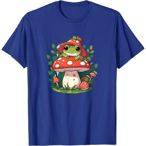 Cute Frog on Mushroom Cartoon Aesthetic Art Unisex T-Shirt for Men Women Kids Toddler,Royal Blue Color,Size 2T