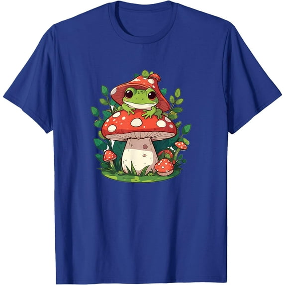 Cute Frog on Mushroom Cartoon Aesthetic Art Unisex T-Shirt for Men Women Kids Toddler,Royal Blue Color,Size 4XL