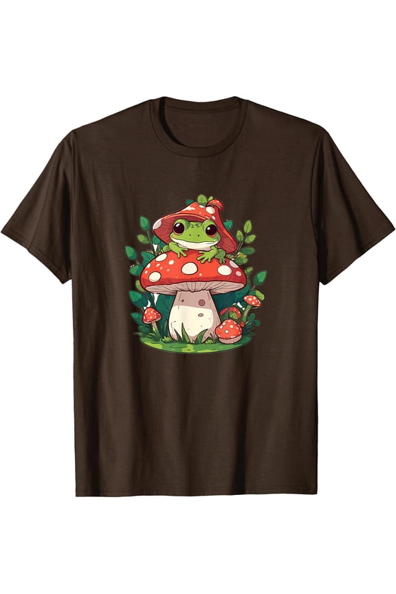 Cute Frog on Mushroom Cartoon Aesthetic Art Unisex T-Shirt for Men Women Kids Toddler