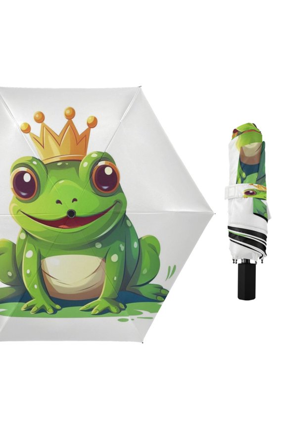 Cute Frog with Crown Compact Sun Umbrella Windproof Travel Umbrellas for Rain Strong Portable UV Protection
