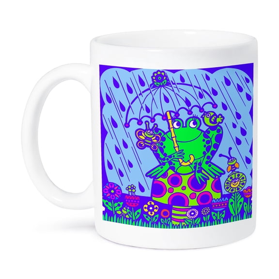 3dRose, Cute Froggy Frog With Umbrella On Toadstool Mushroom Happy Flowers Spring Showers Animal Cartoon, 11oz Mug