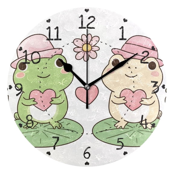 Cute Frogs Holding Hearts Valentine Round Wall Clock Silent Analog Battery Operated Black Pointer Home Decor 9.84" Diameter