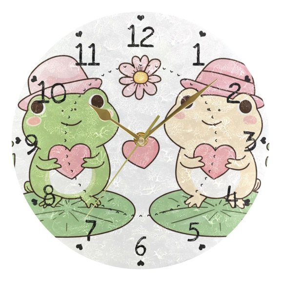 Cute Frogs Holding Hearts Valentine Round Wall Clock Silent Analog Battery Operated Gold Pointer Home Decor 9.84" Diameter
