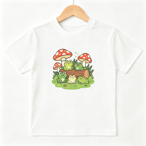 Cute Frogs Mushroom Girls Graphic Tee, Kawaii Cottagecore 100% Cotton Kids Short Sleeve T-Shirt