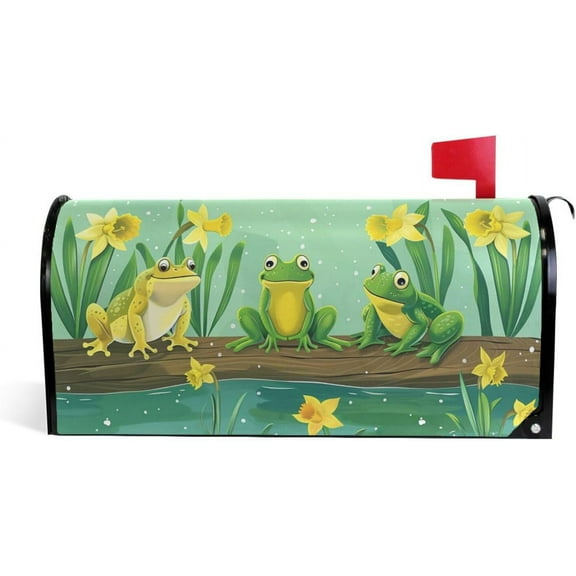 Cute Frogs and Daffodils Yellow Flowers Magnetic Mailbox Cover MailWraps Garden Yard Home Decor for Outside Standard Size-18"x 20.8"6…