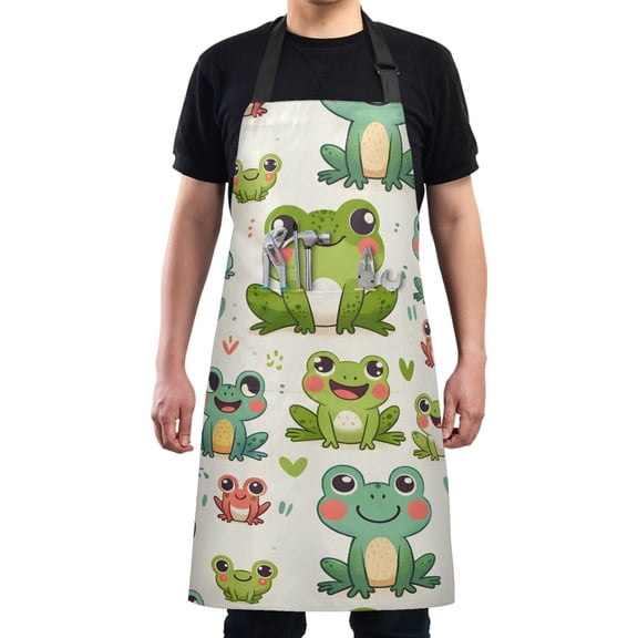 Cute Frogs and Heart Kitchen Apron with 2 Pockets Adjustable waterproof Cooking Aprons for Women Men Chef
