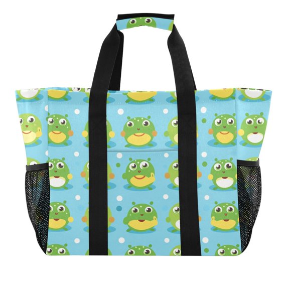 Cute Frogs with Big Eye Reusable Grocery Bags with Handle Side Pocket Waterproof Shopping Portable Tote