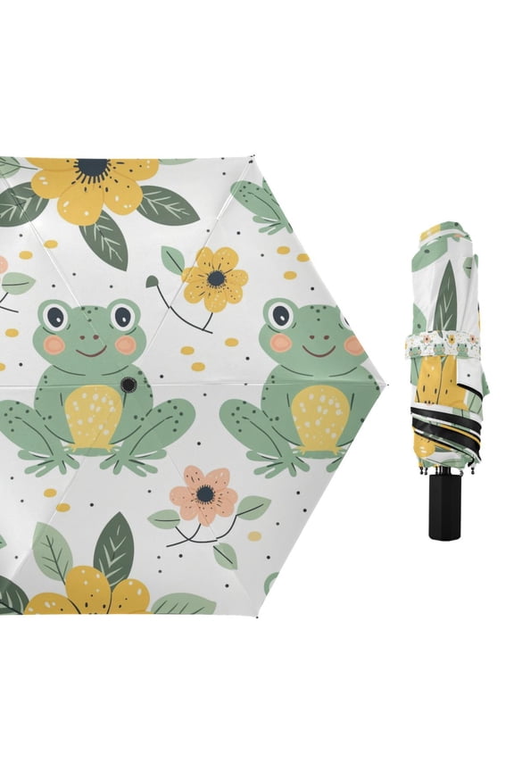 Cute Frogs with Flower Compact Sun Umbrella Windproof Travel Umbrellas for Rain Strong Portable UV Protection