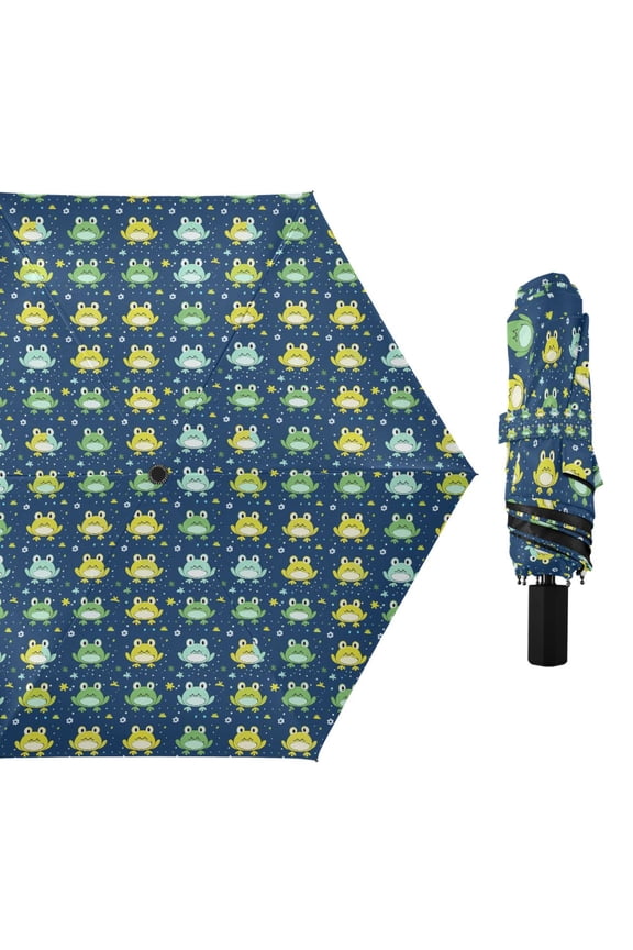 Cute Frogs with Flowers Compact Sun Umbrella Windproof Travel Umbrellas for Rain Strong Portable UV Protection