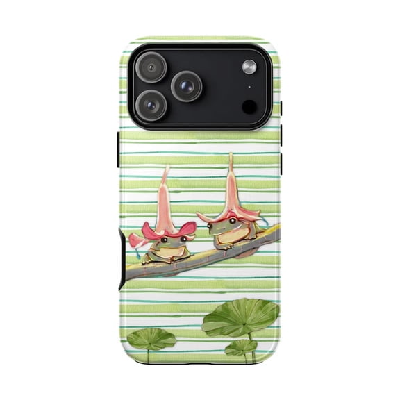 Cute Frogs with Pink Flower Hats Phone Case, Aesthetic Green Striped Cottagecore Indie Cover for iPhone 17 16 15 14 13 12 11 Plus Pro Max Mini