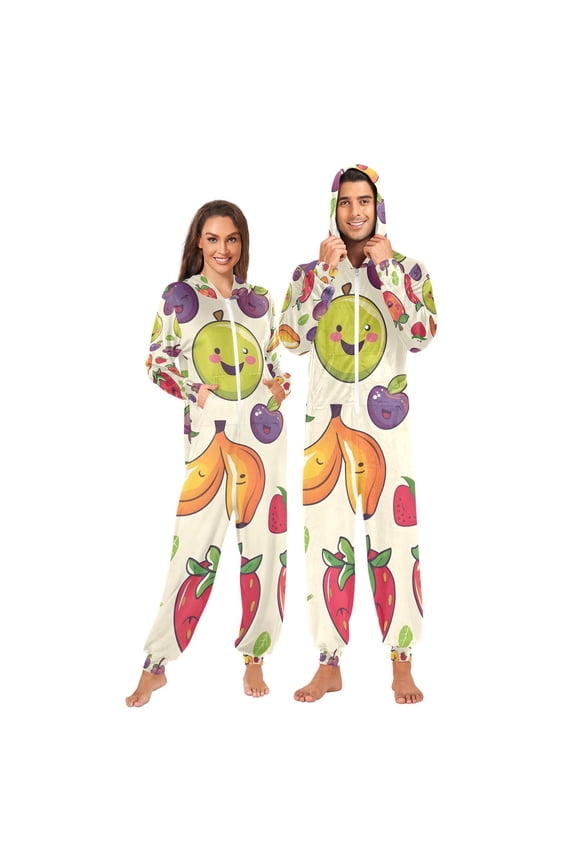 Cute Fruit Cartoon Adult Onesie Pajamas Slim Fit Christmas One Piece Suit Pjs for Women and Men Hooded Zipper