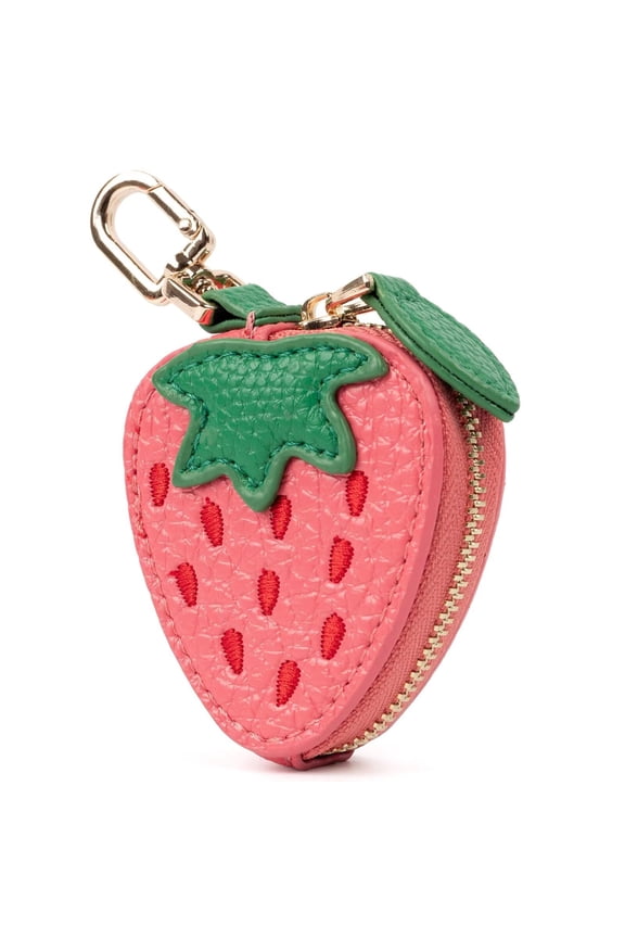 Cute Fruit Coin Purse Bag Charms, Girls Women Mini Kawaii Faux Leather Coin Change Purse & Pouch Holder Keychain Charm for Handbag Tote Wallet Airtag Accessories(Strawberry)