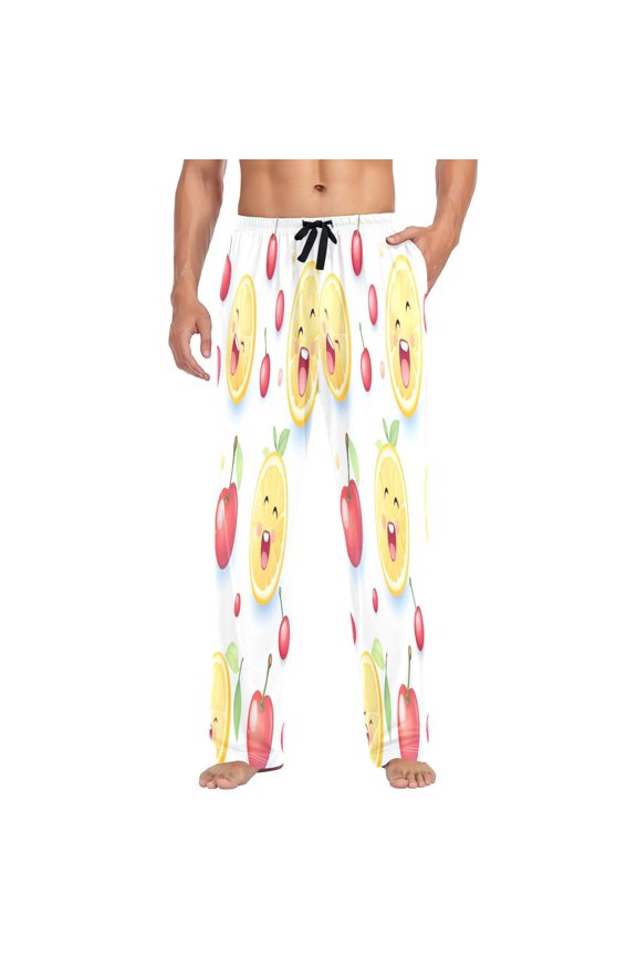 Cute Fruit Pattern Mens Cotton Pajama Pants Long Staple Lightweight Sleep Bottoms with Pockets Breathable