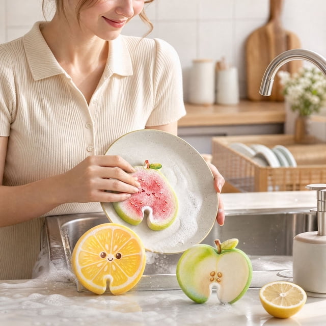 Cute Fruit Shaped Dishwashing Sponge Scrubber with Adorable Fruit ...