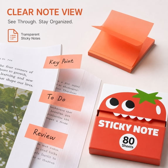 Cute Fruit Transparent Sticky Notes, Pull Out Clear Sticky Notes Dispenser 80 Sheets Kawaii Desk Stationery