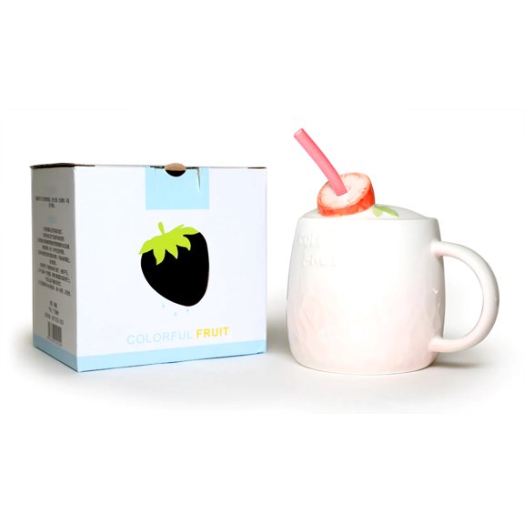 Cute Fruity Style Colorful Fruit Ceramic Mugs With Straw and Handle