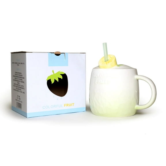 Cute Fruity Style Colorful Fruit Ceramic Mugs With Straw and Handle