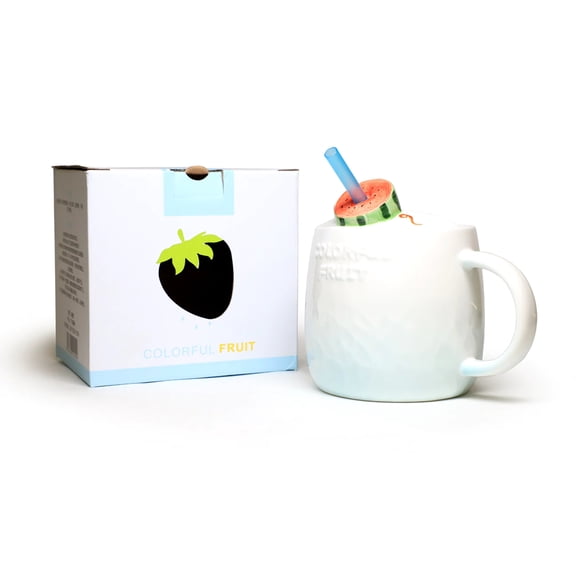 Cute Fruity Style Colorful Fruit Ceramic Mugs With Straw and Handle