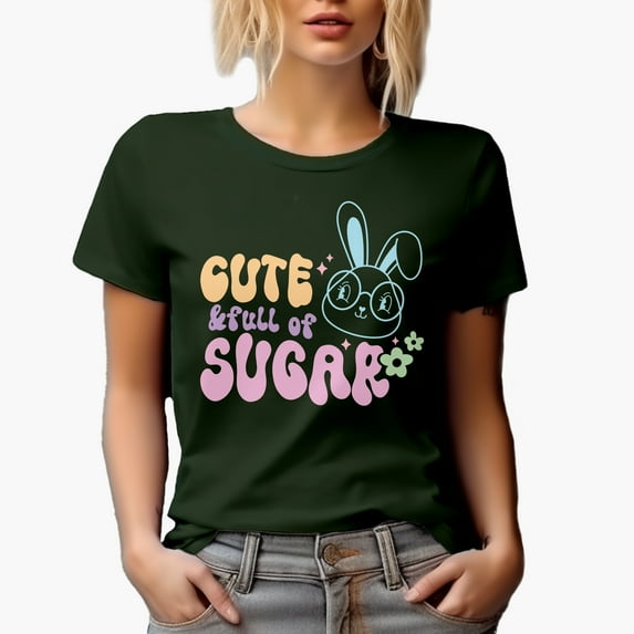 Cute & Full of Sugar feat. a Bunny, Easter Art Favor, Souvenir or Merch Gift, Military Green T-Shirt, Large