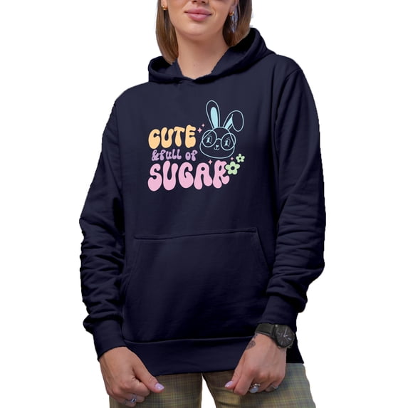Cute & Full of Sugar feat. a Bunny, Easter Art Favor, Souvenir or Merch Gift, Navy Blue Hooded Sweatshirt or Hoodie, Medium