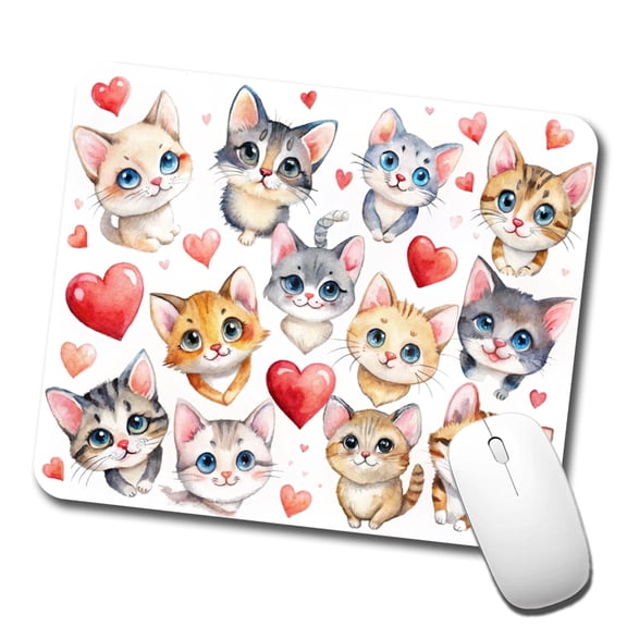 Cute Fun Cats Hearts Watercolor Mouse Pad Low Profile Gaming Mat
