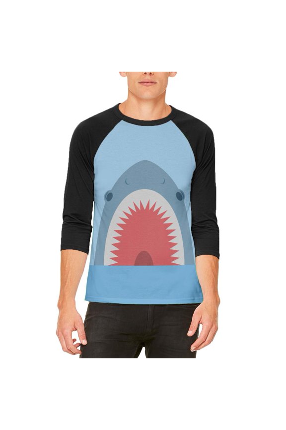 Cute Fun Shark Attack Mens Raglan T Shirt White-Black LG