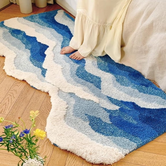 Cute Funky Bath Mats For Beach Nautical Themed Decor  Moss Bathroom Rugs Blue Wave Rug Non-slip Soft Plush Shaggy Carpet