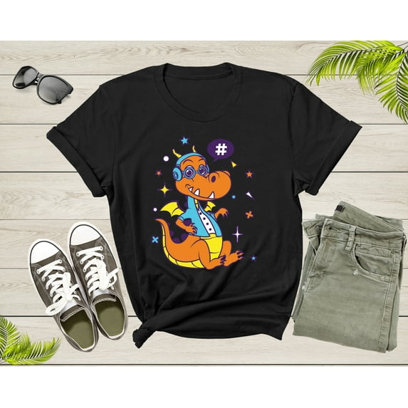 Cute Funky Hipster Space Dragon with Headset and Eye Glasses T-Shirt Dragon Lover Gift T Shirt for Men Women Kids Boys Girls Graphic Tshirt