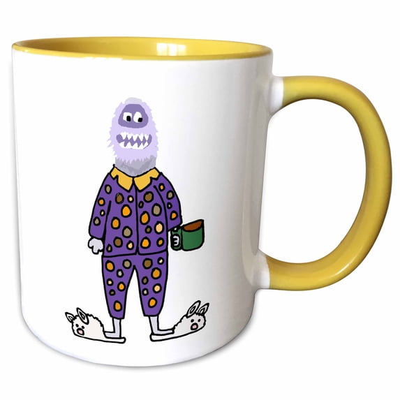 3drose, Cute Funny Abominable Snowman in Polka Dot Pajamas, 11oz Two-tone Yellow Mug