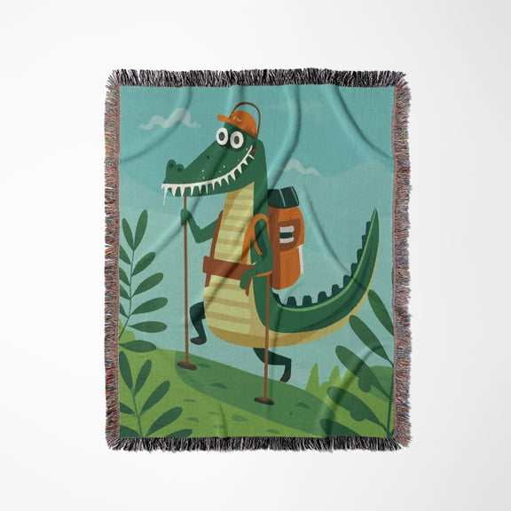 Cute Funny Alligator Hiking For Hikers And Campers And Gator Fans, Woven Blanket
