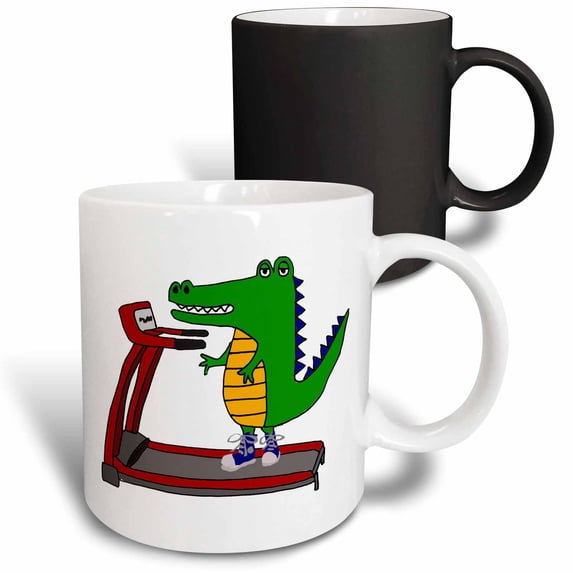 3drose, Cute Funny Alligator on Treadmill Exercise Cartoon, 11oz Magic Transforming Mug