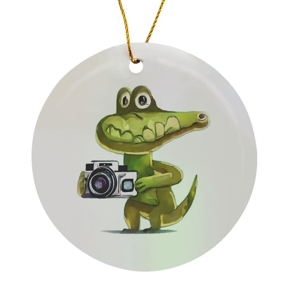 3drose, Cute Funny Alligator Photographer with Camera Photography Cubism, Circle Porcelain Ornament