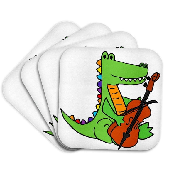 3drose, Cute Funny Alligator Playing Cello Cartoon, Set of 4 Coasters - Soft