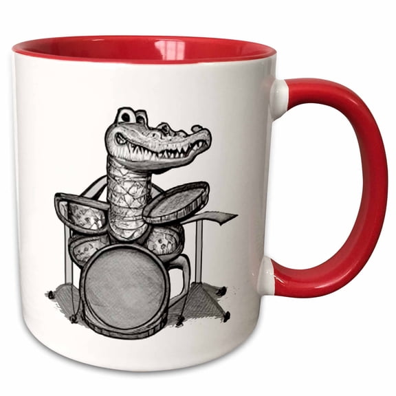 3drose, Cute Funny Alligator Playing the Drums Music Cartoon, 15oz Two-tone Red Mug