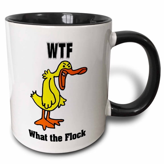 3drose, Cute Funny Angry Duck Yells Wtf What the Flock Pun Cartoon, 11oz Two-tone Black Mug