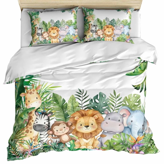 Cute Funny Animals Bedding 3 Piece Duvet Cover Set California King, Summer Botanical Tropical Flower Microfiber Comforter Cover with Zipper Closure & Pillowcases, Wrinkle & FadeResistant Quilt Cover
