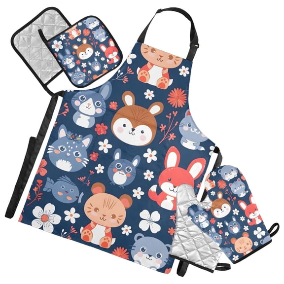 Cute Funny Animals with Flowers 5 Pcs Kitchen Set Heat Resistant Oven Mitts and Non-Slip Pot Holders with Adjustable Cooking Apron