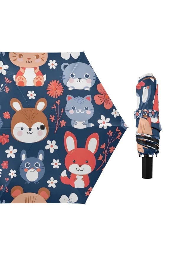 Cute Funny Animals with Flowers Compact Sun Umbrella Windproof Travel Umbrellas for Rain Strong Portable UV Protection