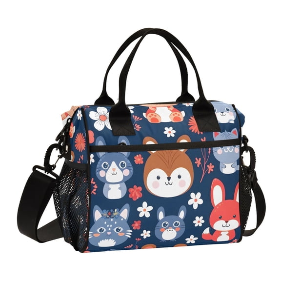 Cute Funny Animals with Flowers Lunch Bag Insulated Lunch Box Leakproof Reusable Cooler Tote Adjustable Shoulder Strap for Men Women 9L