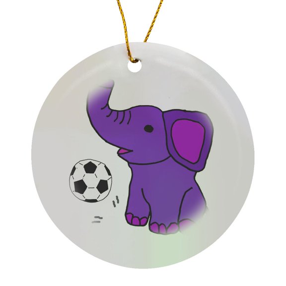 3drose, Cute Funny Baby Purple Elephant Playing Soccer or Football, Circle Porcelain Ornament
