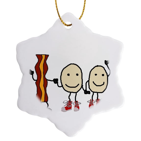 3drose, Cute Funny Bacon and Eggs Cartoon Characters Art, 3 inch Snowflake Porcelain Ornament