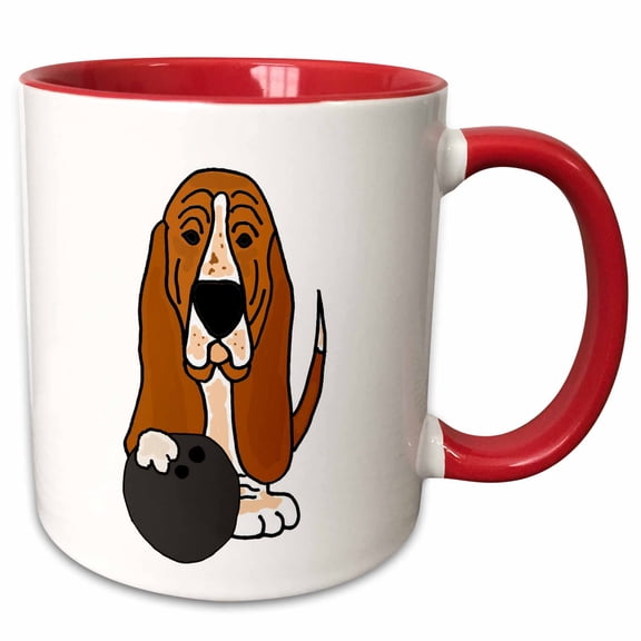 3drose, Cute Funny Basset Hound Dog Bowling Cartoon, 15oz Two-tone Red Mug